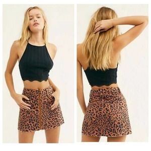 We The Free - Free People - Leopard Print Denim Zip Up Mini Skirt